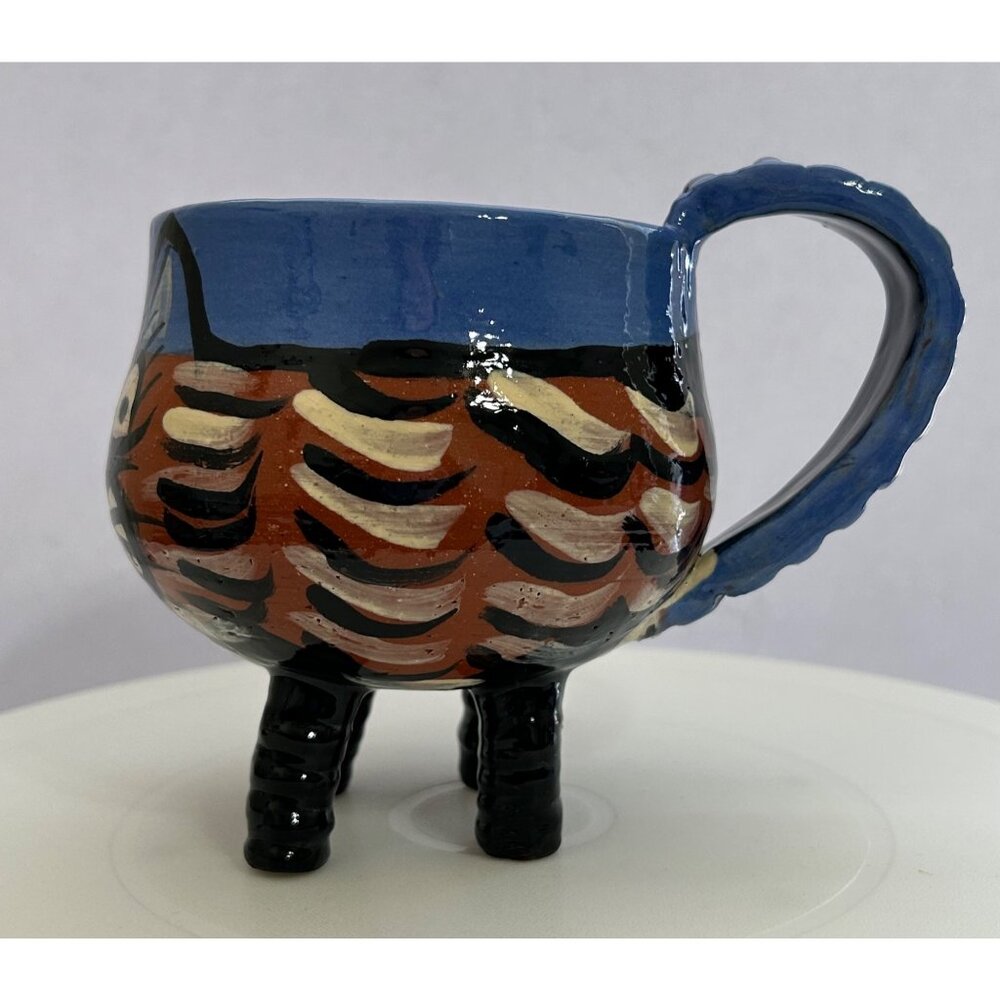 Handmade Pottery Cat Mug Sculpted Legs & Handle Blue Brown Black Whimsical Fun - Picture 2 of 9
